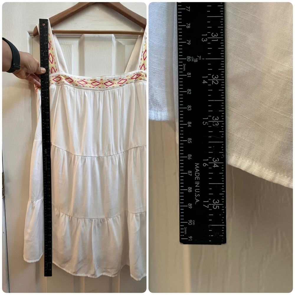 Blue Rain White Square Neckline Boho Tiered Mini Sun Dress Large 34 Inch Long - Picture 12 of 15